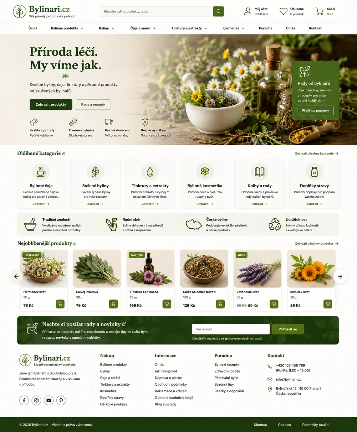 Vizuální návrh možného projektu Bylinari.cz zaměřeného na bylinářství, pěstování bylin, produkty a vzdělávání
